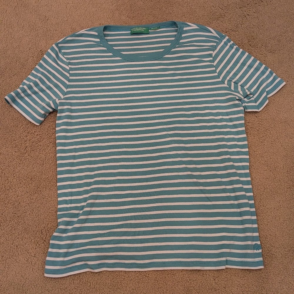 Women's Benetton Teal and White Striped Shirt
